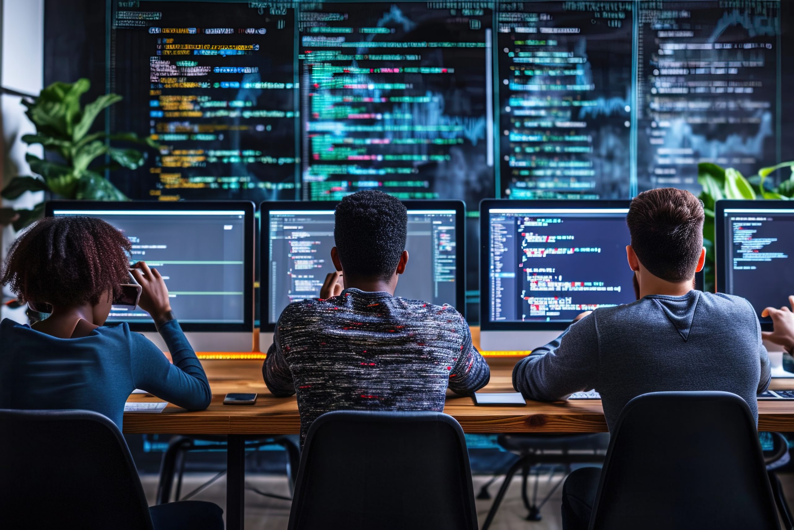 Diverse Group of Professionals Meeting in Modern Office: Brainstorming IT Programmers Use Computer Together, Talk Strategy, Discuss Planning. Software Engineers Develop Inspirational App Program