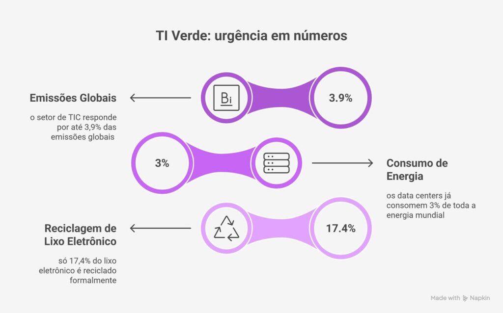 Gráfico sobre TI Verde mostra que o setor de tecnologia da informação é responsável por 3,9% das emissões globais, consome 3% da energia mundial e recicla apenas 17,4% do lixo eletrônico.