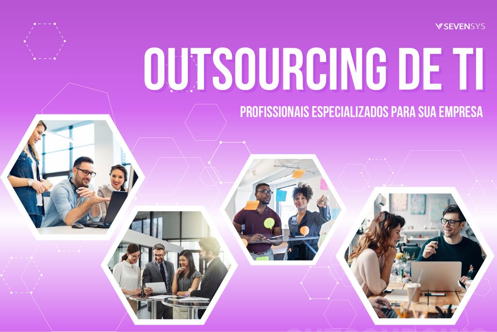 Banner com a frase 'Outsourcing de TI', destacando a contratação de profissionais especializados para empresas, ilustrando equipes colaborando em ambientes de trabalho, representando o conceito de outsourcing de TI para empresas que buscam agilidade e expertise.