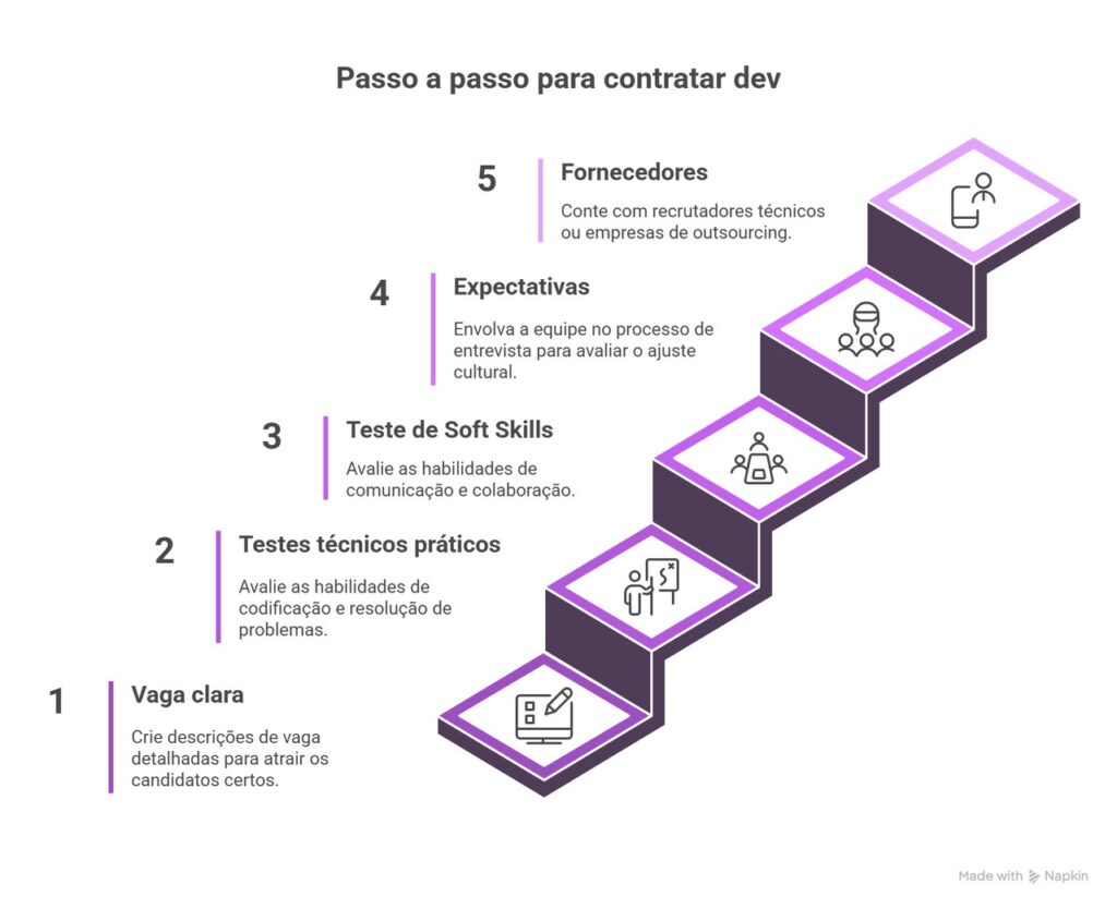 Guia visual em formato de escada com cinco passos para contratar dev: vaga clara, testes técnicos e de soft skills, alinhamento de expectativas com a equipe e apoio de fornecedores especializados.