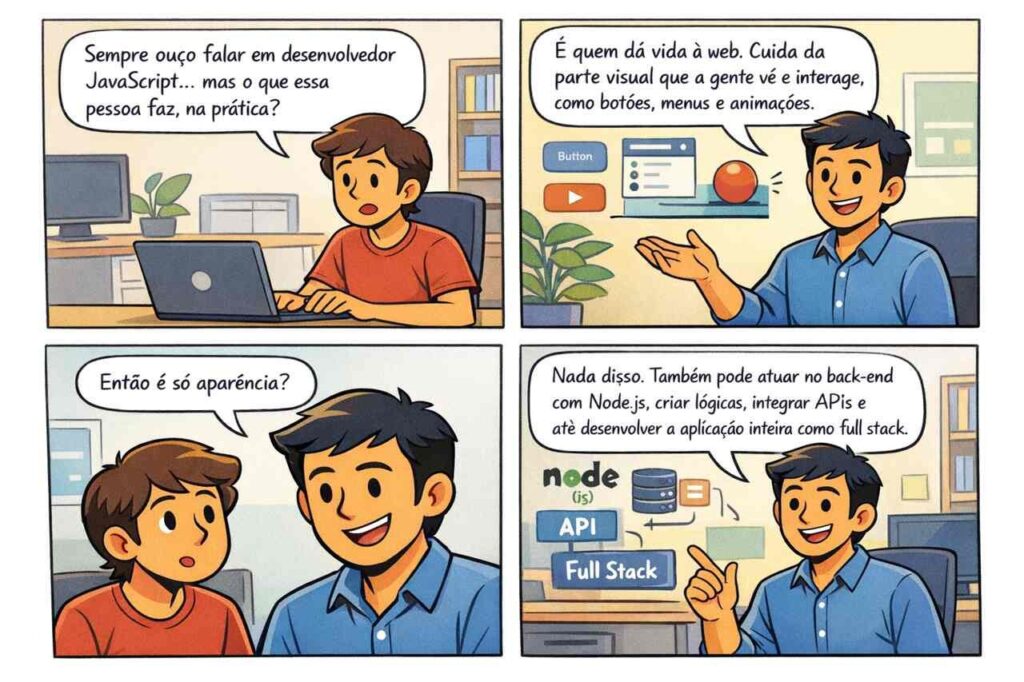 Tirinha mostra conversa sobre o papel do desenvolvedor JavaScript, destacando atuação no front-end, back-end com Node.js, integração de APIs e desenvolvimento full stack.